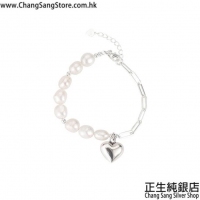 香港 正生銀飾 愛心米粒珍珠拼接鏈條純銀手鍊